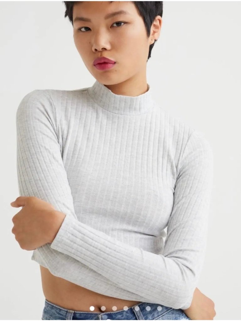 H&M Mock Turtleneck Crop Top Size Large Gray Ribbed Long-Sleeve Stretchy